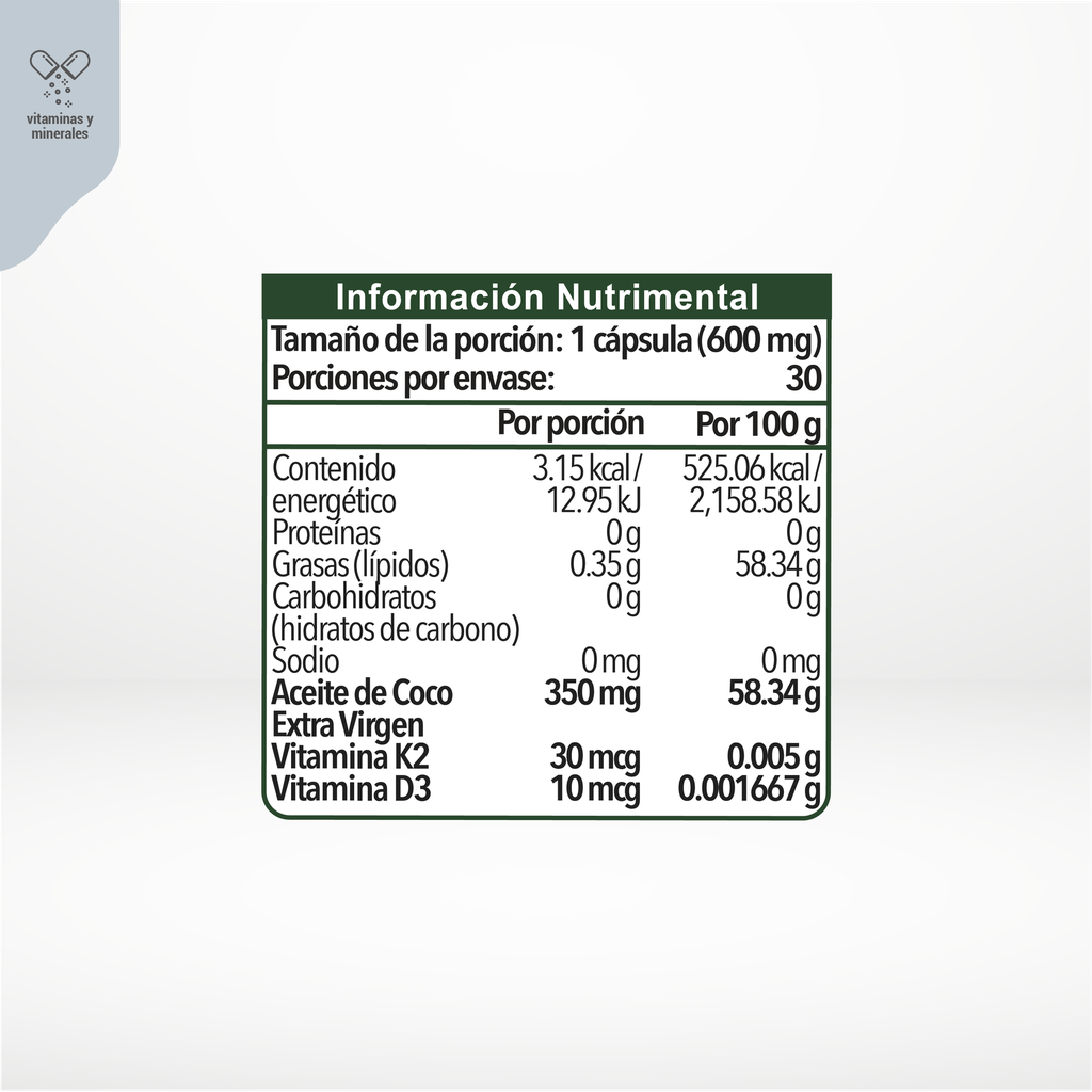Vitamina D3+K2 con aceite de Coco 30 cápsulas de 600 mg